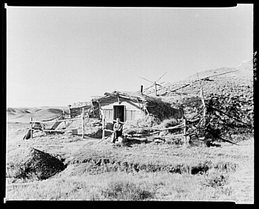 "Hominy" Thompson in front of his shack home. Sheridan County, Montana
