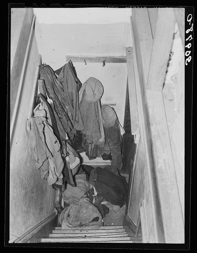 Looking down stairway in home of John Baker, farmer of Divide County, North Dakota