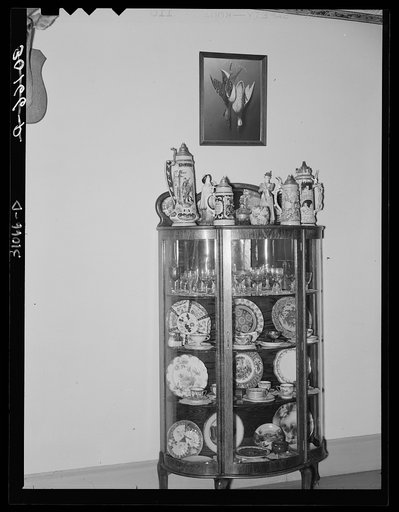 Glass case for china and old beer steins. Home of Jim Hardin. Two Bit Creek, near Deadwood, South Dakota