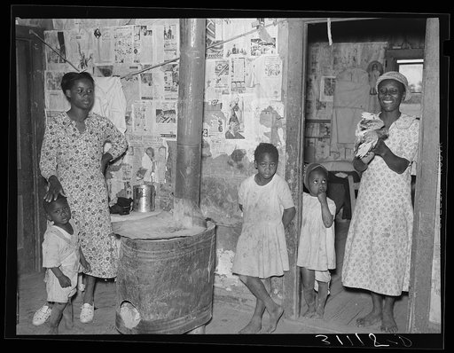 Southeast Missouri Farms. Sharecropper family with pet bird in shack home. La Forge project, Missouri