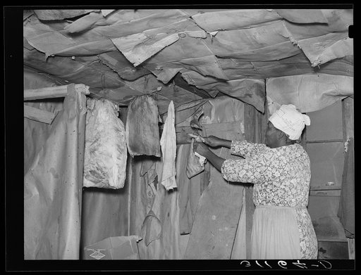 Southeast Missouri Farms. Wife of sharecropper cutting piece of fatback from slab in kitchen of shack home