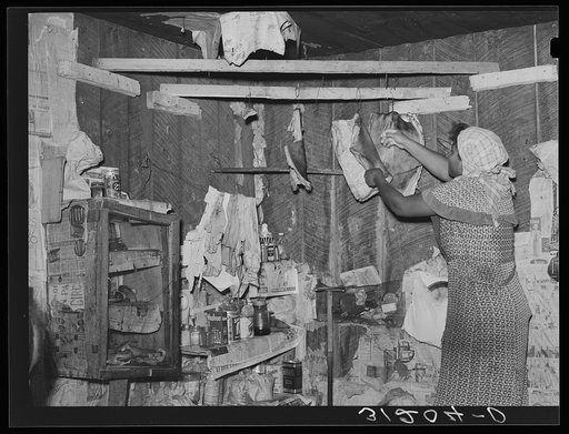 New Madrid County, Missouri. Wife of sharecropper removing fatback from hook in corner of kitchen