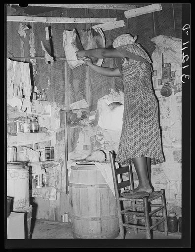 Southeast Missouri Farms. Sharecropper's wife cutting off piece of fatback from slab in kitchen