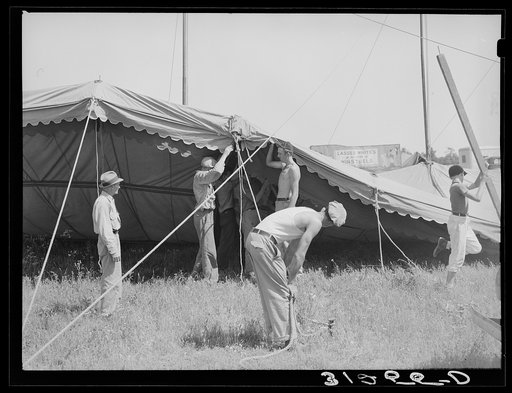 Erecting tent for Lasses-White show. Sikeston, Missouri