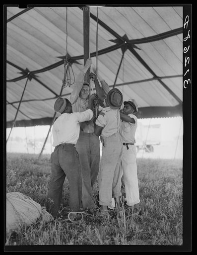 Tightening ropes in raising circus tent. Lasses-White traveling show.  Sikeston, Missouri