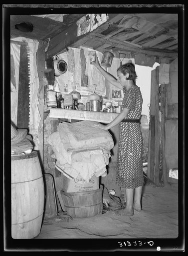 Woman living in shack at Tin Town, Caruthersville, Missouri, in front of shelf used as kitchen cabinet. Note ceiling and dirt floor