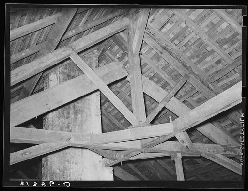 Rafters in old plantation house near New Orleans, Louisiana. Note that the timbers are joined with wooden pegs