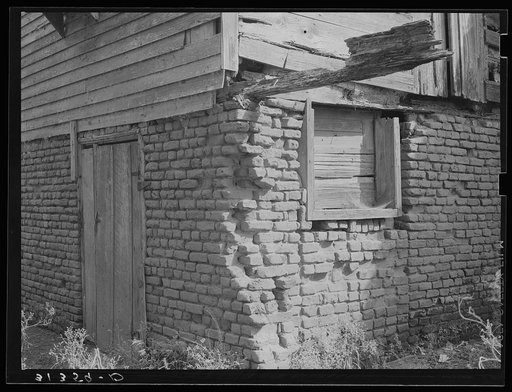 Detail of construction of Trepagnier plantation house near Norco, Louisiana. Bricks are made of mud and straw