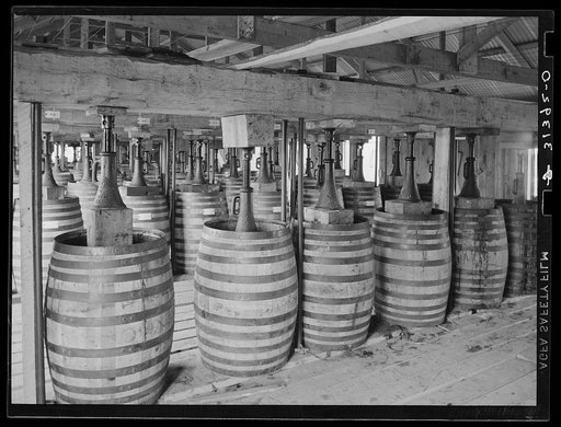 Barrels of perique tobacco during process of aging. Perique tobacco is raised in one parish in Louisiana, and this is the only place in the world where this tobacco is raised. Saint James Parish, Louisiana