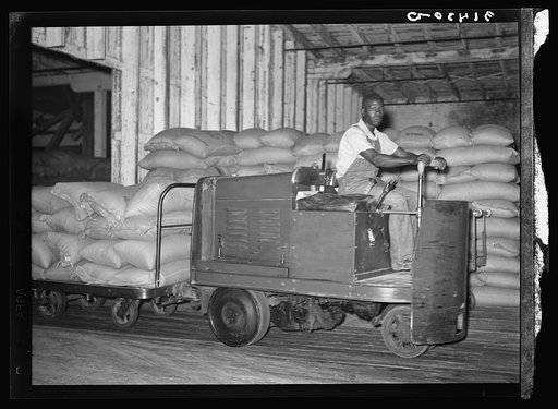 Moving truck of rice in warehouse by electric mule. Rice mill, Crowley, Louisiana