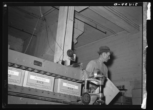 Removing finished cartons of packaged rice from conveyer-presser. State rice mill, Abbeville, Louisiana