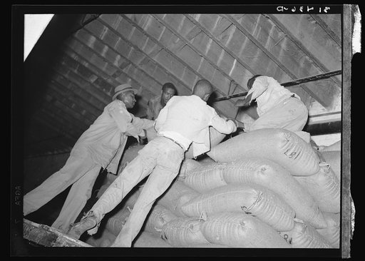 Stacking sacks of rice in warehouse. Abbeville, Louisiana