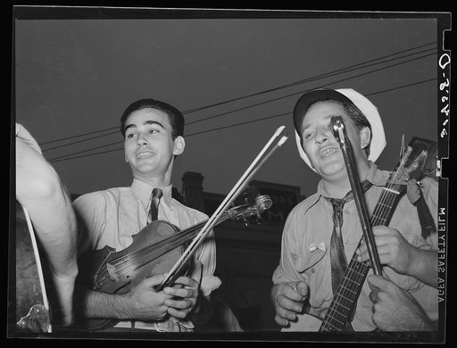 Untitled photo, possibly related to: Musicians in cajun ban contest at National Rice Festival. Crowley, Louisiana