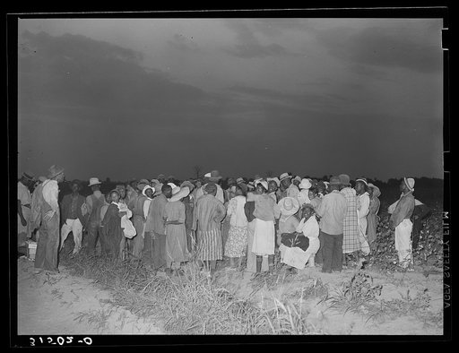 Cotton pickers, day laborers, waiting to be paid at end of day's work.  Lake Dick Project, Arkansas