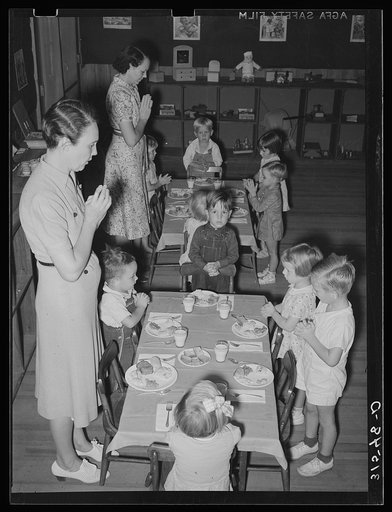 Schoolchildren giving thanks before lunch. Lake Dick Project, Arkansas
