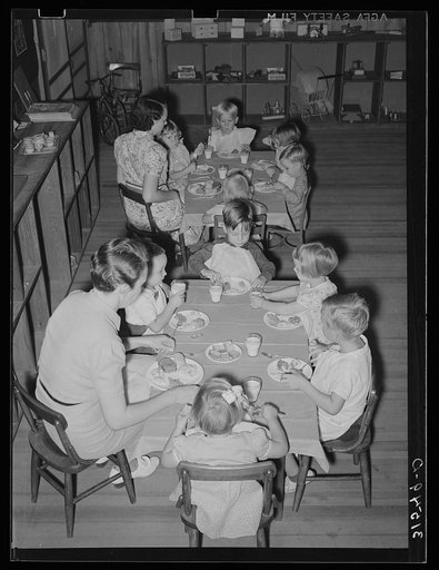 Kindergarten children eating lunch. Lake Dick Project, Arkansas