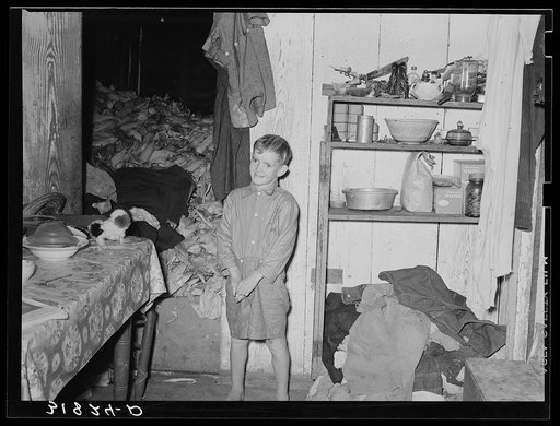 Son of the Adams family, Morganza, Louisiana, in kitchen with corn crib in the rear room