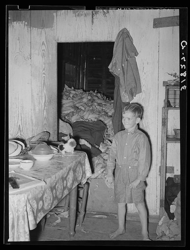 Untitled photo, possibly related to: Son of the Adams family, Morganza, Louisiana, in kitchen with corn crib in the rear room