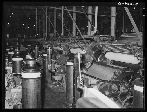 Battery of machines for converting cotton bats into cotton ropes. Laurel mills, Laurel, Mississippi