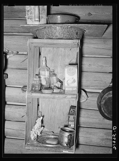 Kitchen cabinet in corncrib home of Mot Tucker. Antioch, Mississippi