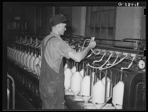 Converting cotton ropes into rough thread. Laurel cotton mills, Laurel, Mississippi