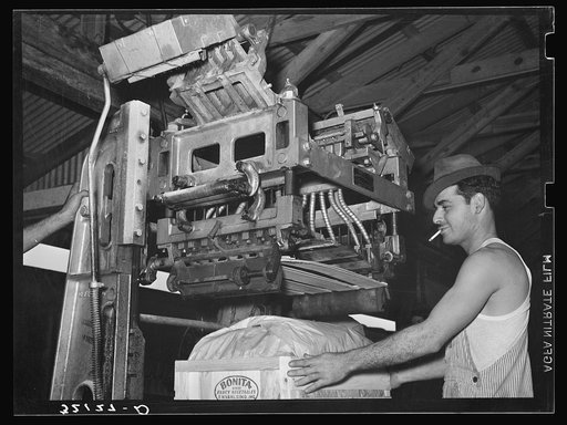 Lidding machine used in packing vegetables. Elsa, Texas