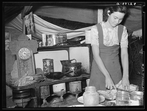 Kitchen table and stove of white migrant camp near Harlingen, Texas. See 32108-D