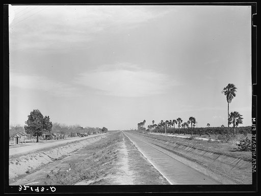 Irrigation ditch. Irrigated land on right, Mexican housing on left. San Juan, Texas