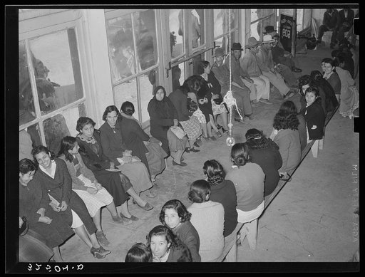 Mexican pecan workers waiting in union hall for assignment to work. San Antonio, Texas