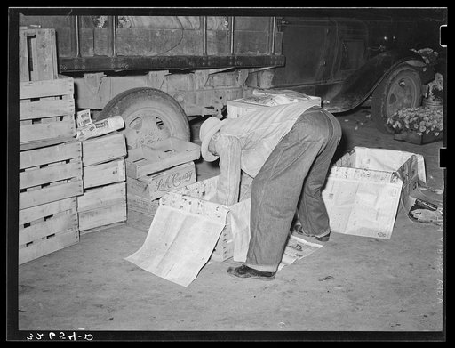 Peddler lining crates with newspapers before packing them with vegetables. San Antonio, Texas