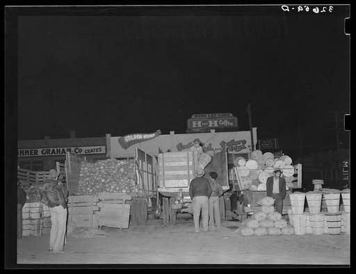 Vegetable trucks in lineup at open air market. San Antonio, Texas
