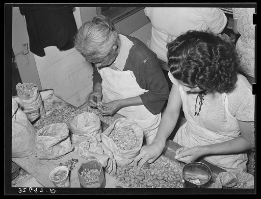 Untitled photo, possibly related to: Removing the meats from cracked pecans. Non-union pecan shelling plant. San Antonio, Texas