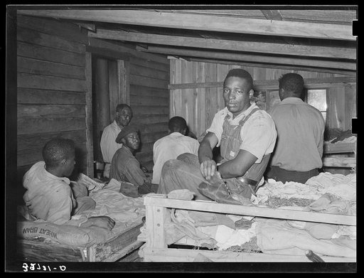 Negroes in bunkhouse in strawberry fields near Hammond, Louisiana. Note crude bunks, straw mattresses, and crowded conditions