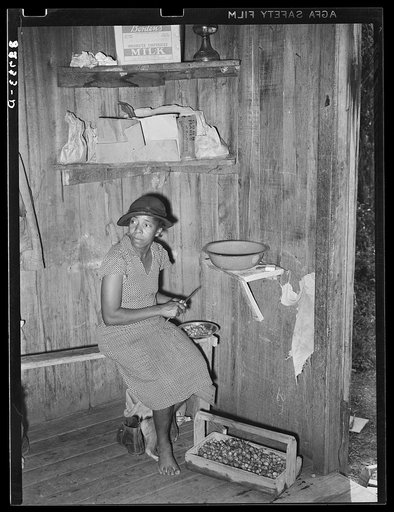 Negro woman strawberry worker cutting up berries to make wine. Hammond, Louisiana