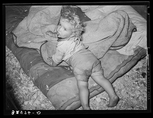 Child of white migrant strawberry picker on bed in tent near Hammond, Louisiana