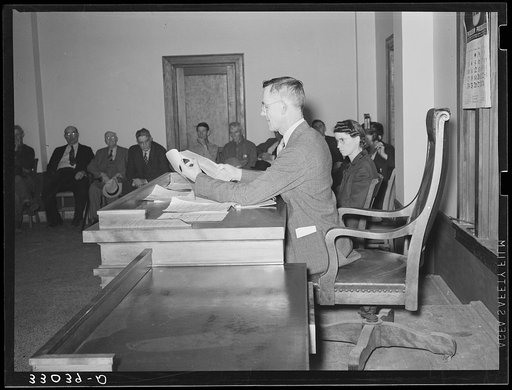County judge conducting a mass meeting called to discuss ways and means to raise funds to continue WPA (Works Progress Administration/Work Projects Administration) roadwork in the county. San Augustine, Texas