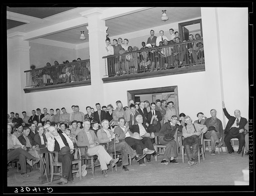 Mass meeting. San Augustine, Texas. Notice that balcony is reserved for Negroes