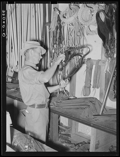 Farmer looking at halter in hardware store. San Augustine, Texas