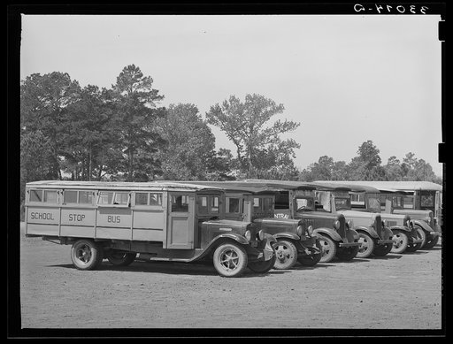 Lineup of school buses near Wells, Texas