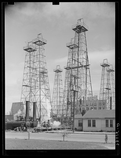 Drilling operations and derricks. Kilgore, Texas
