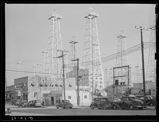 Downtown section of Kilgore, Texas, studded with oil derricks