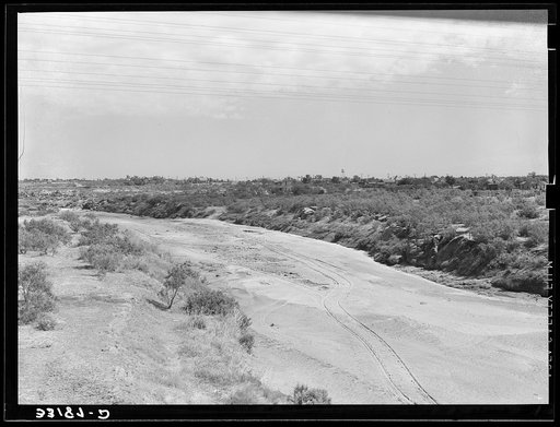 Wagon tracks down the dry bed of the Colorado River at Colorado, Texas. Rivers and streams of the Southwest are often dry during periods of drought