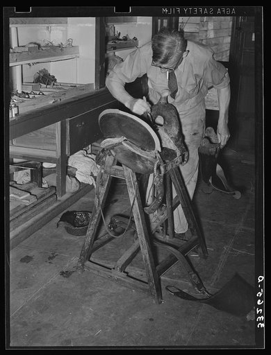 Saddle maker applying cement to glue parts of saddle together. Saddle shop, Alpine, Texas