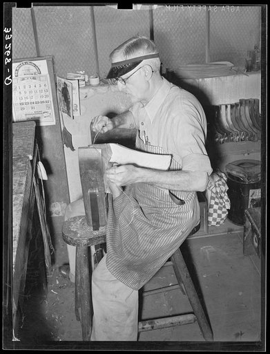 Sewing uppers together. Boot shop, Alpine, Texas