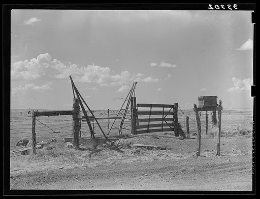 Cattle guard gate and mail box on ranch near Marfa, Texas