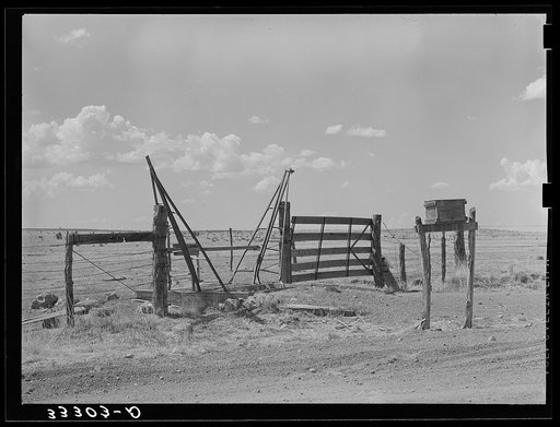 Untitled photo, possibly related to: Cattle guard gate and mail box on ranch near Marfa, Texas