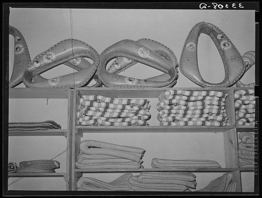 Horse collars and blankets in ranch supply store. Alpine, Texas