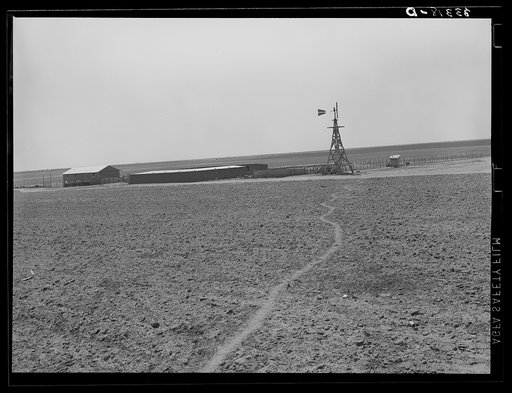 Windmill and hog pen and shed on large 4900 acre farm near Ralls, Texas. Path leads through fields from day laborers' homes