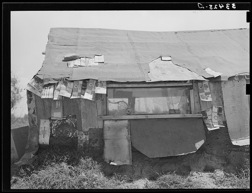 Detail of construction of house occupied by WPA (Works/Progress Administration/Work Projects Administration) worker and his family near Webbers Falls, Oklahoma