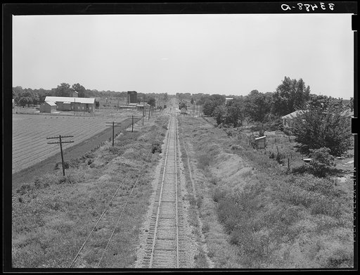 Railroad stretching through the countryside near Prague, Oklahoma